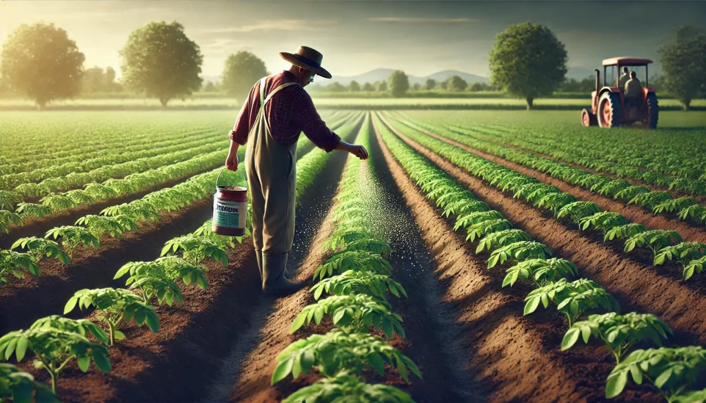 DALL·E 2024 08 16 16.30.49 A realistic image of a farmer applying fertilizer to potato plants in a field. The farmer is wearing traditional work clothes, including a hat, and is