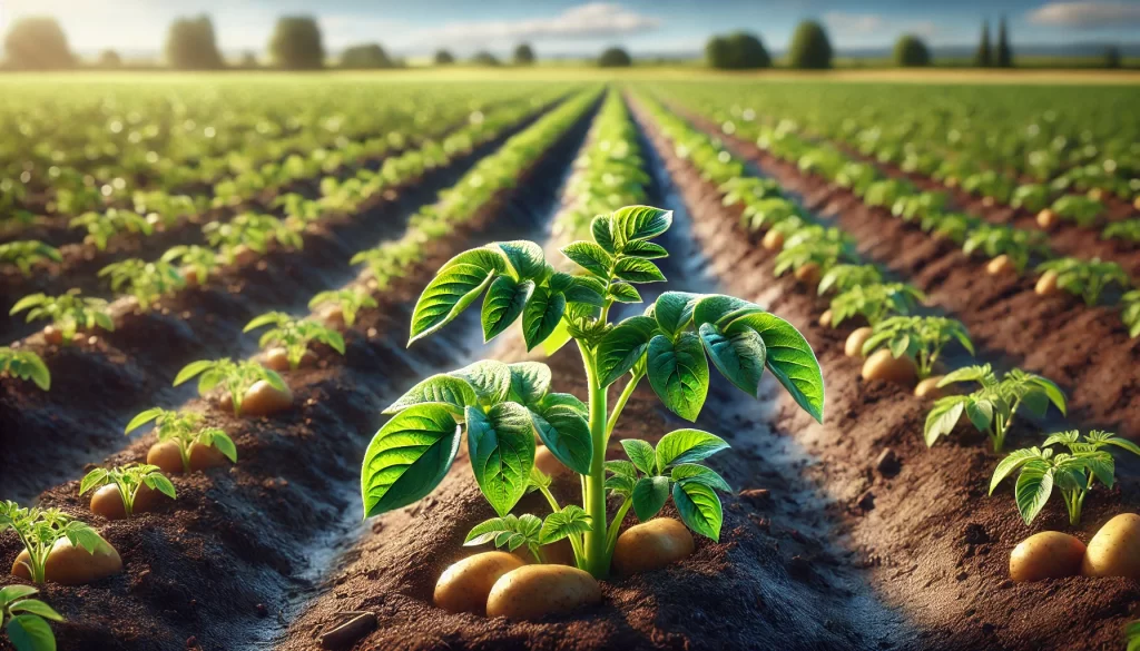 DALL·E 2024 08 16 16.31.47 A realistic image of a growing potato plant in a field. The plant has healthy, vibrant green leaves and is beginning to establish itself in well tille