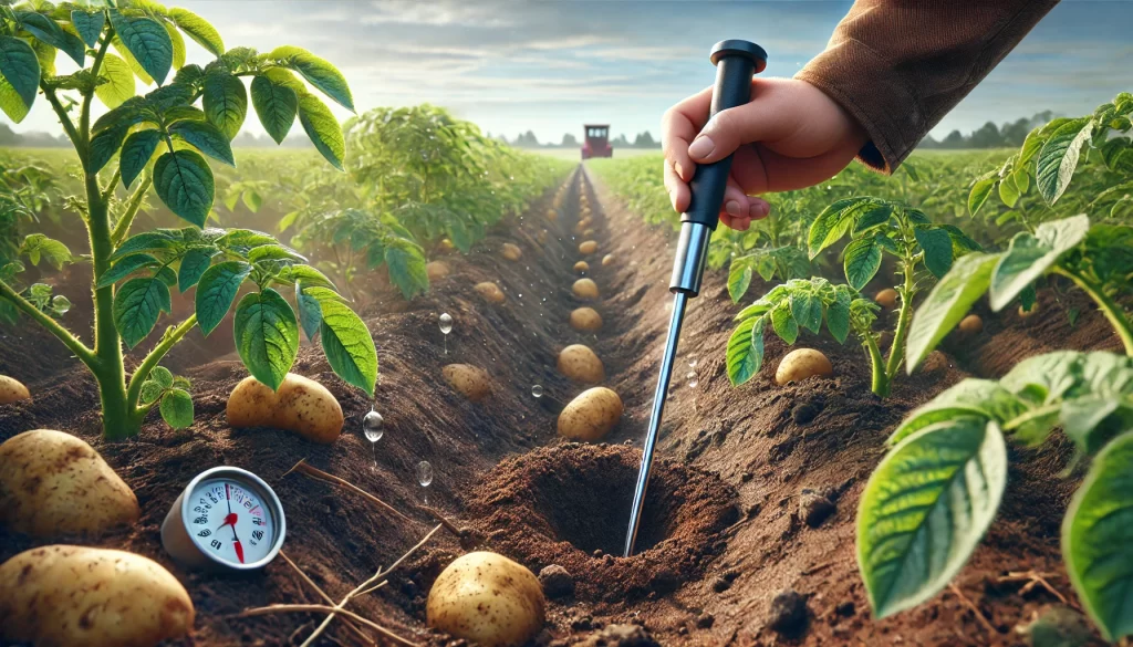 DALL·E 2024 08 16 16.32.31 A realistic image of a soil analysis being conducted in a potato field. The image shows a close up of a hand taking a soil sample with a tool, such as