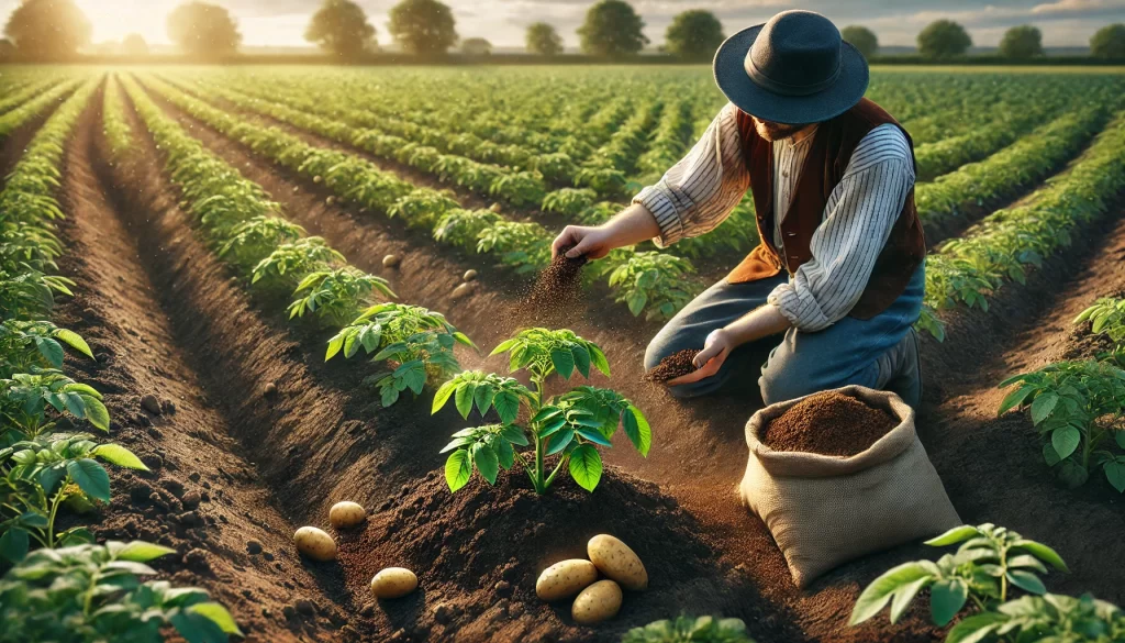 DALL·E 2024 08 16 16.33.30 A realistic image of a farmer applying organic fertilizer to a potato plant in a field. The farmer is wearing traditional work clothes, including a ha