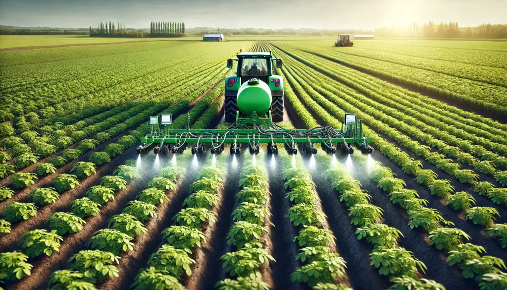 DALL·E 2024 08 16 16.34.59 A realistic image depicting precision technology in fertilization for potato crops. The scene shows a modern agricultural machine equipped with GPS te