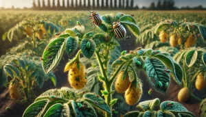 DALL·E 2024 08 16 16.37.13 A realistic image showing pests affecting a potato crop. The image highlights common potato pests, such as the Colorado potato beetle and aphids, on t