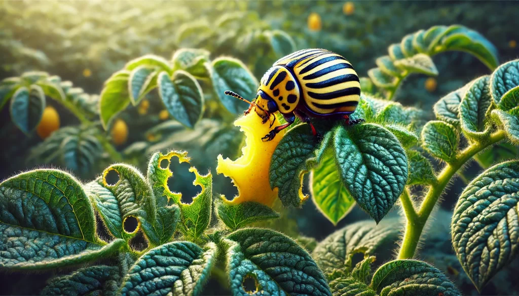 DALL·E 2024 08 16 16.39.00 A close up realistic image of a Colorado potato beetle on a potato plant. The beetle, with its distinctive yellow and black striped body, is clearly v