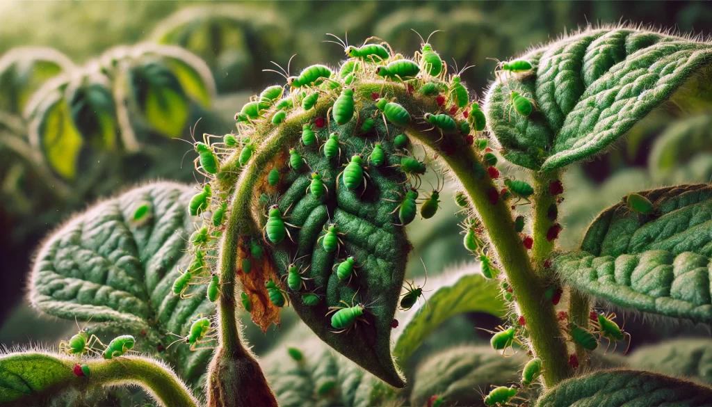 DALL·E 2024 08 16 16.40.28 A close up realistic image of aphids (Myzus persicae) infesting a potato plant. The small green aphids are clustered on the underside of the potato le