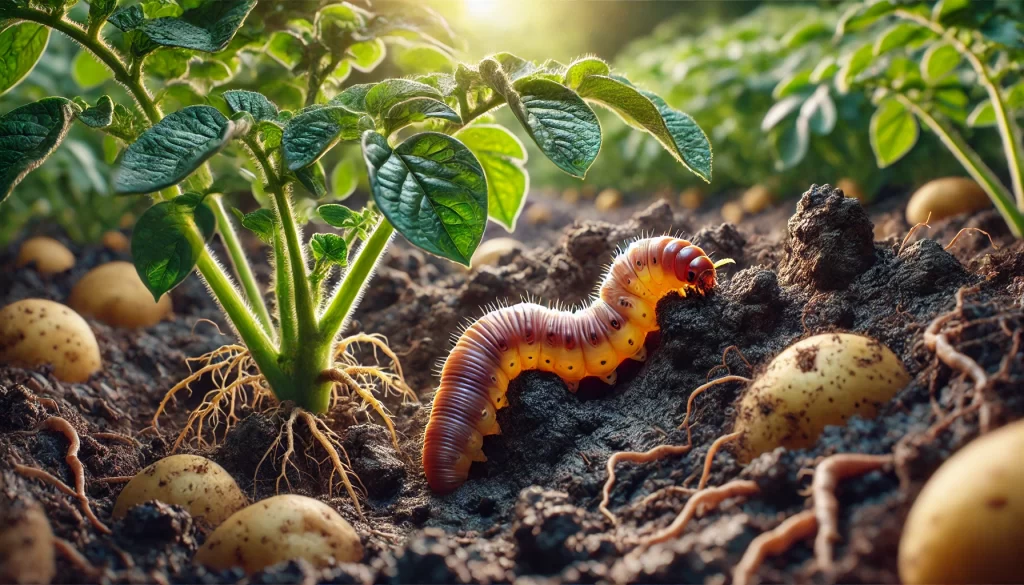 DALL·E 2024 08 16 16.41.08 A close up realistic image showing the wireworm (Agriotes spp.) in a potato field. The wireworm, a yellowish brown larva, is visible in the soil near