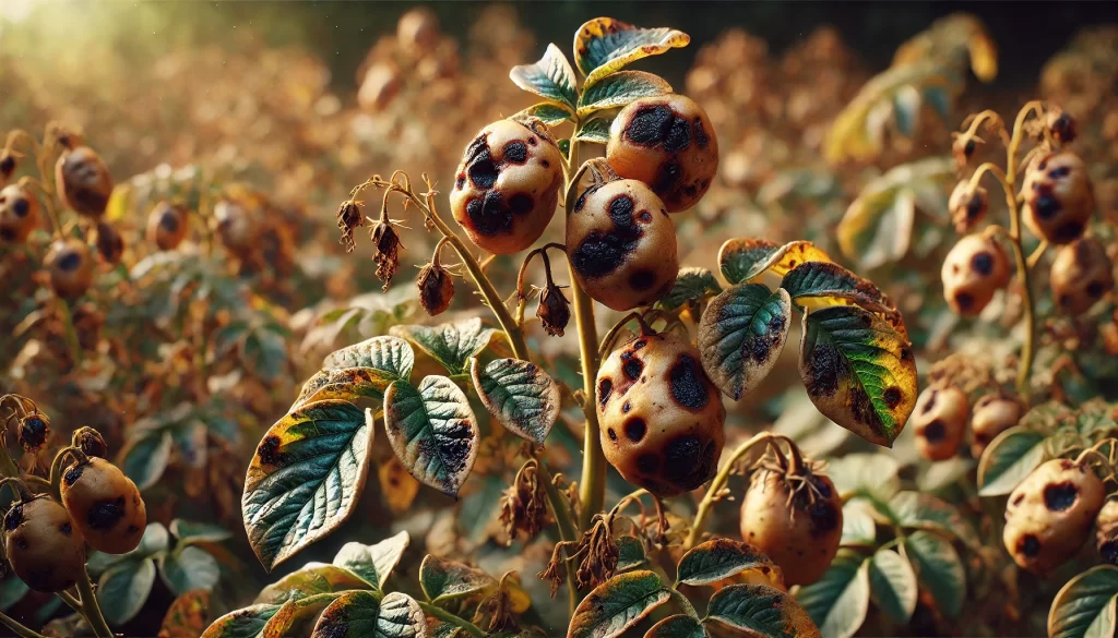 DALL·E 2024 08 16 16.42.04 A close up realistic image showing the effects of late blight (Phytophthora infestans) on a potato plant. The potato leaves have dark brown to black l