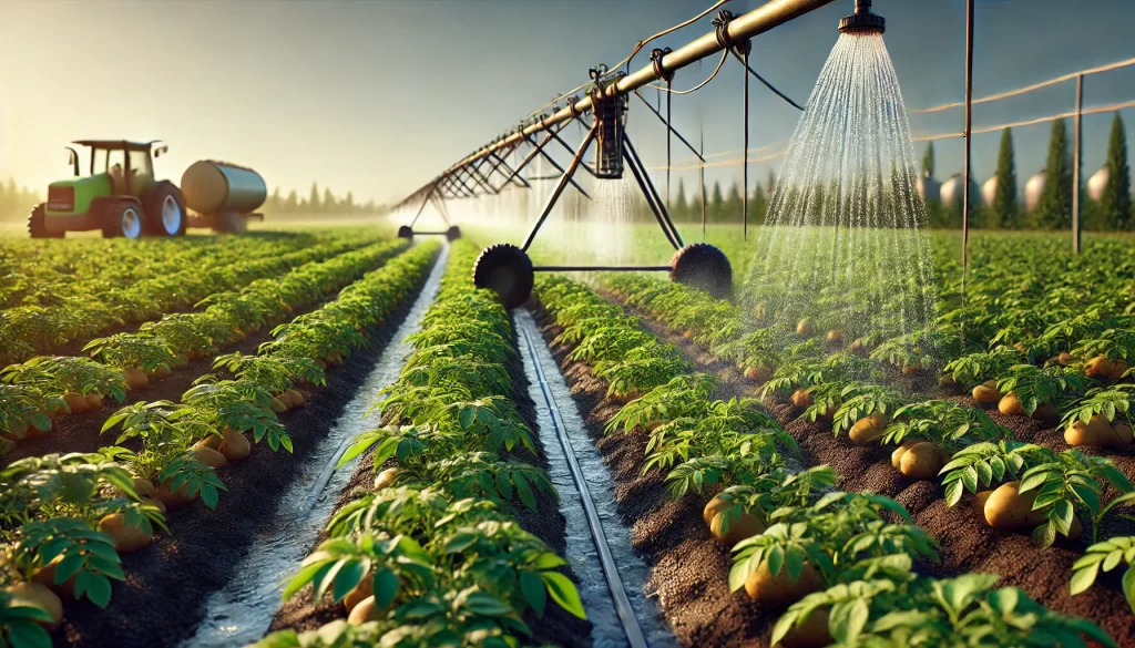 DALL·E 2024 08 16 17.02.55 A realistic image showing irrigation in a potato field. The image captures a sprinkler or drip irrigation system in operation, delivering water to row