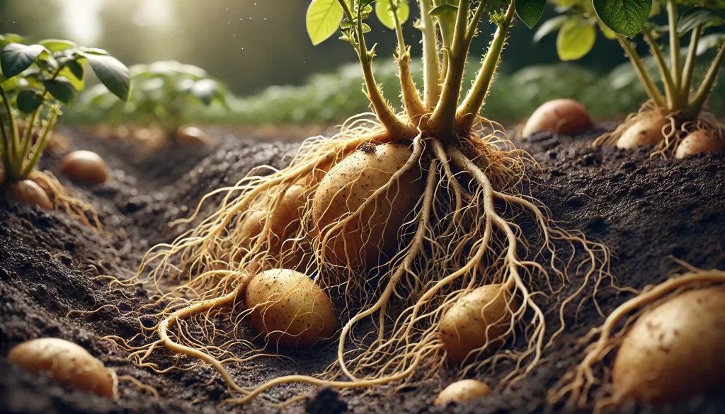 DALL·E 2024 08 16 17.03.47 A realistic close up image showing the roots of a potato plant. The image captures the intricate root system, including the main roots and finer root