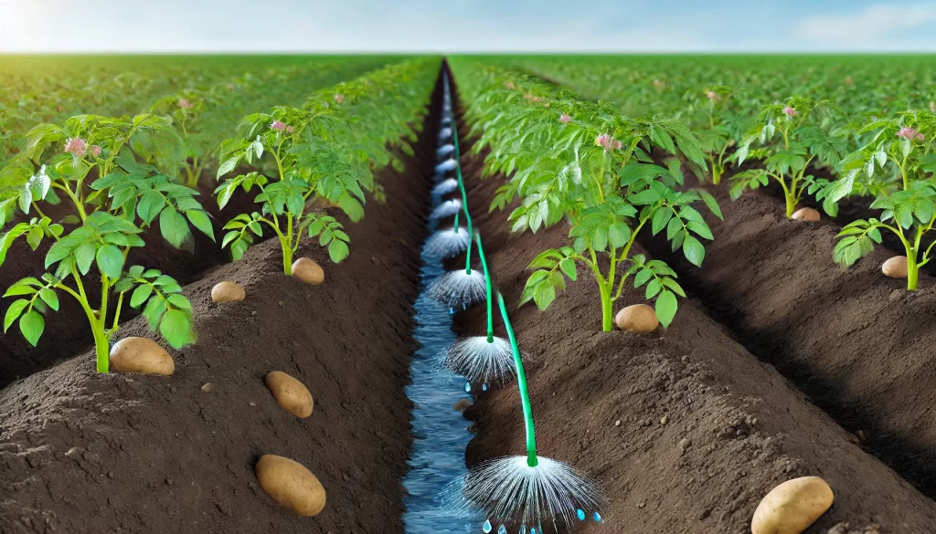 DALL·E 2024 08 16 17.04.58 A realistic image showing a drip irrigation system in a potato field. The image captures rows of healthy potato plants with drip irrigation tubes runn