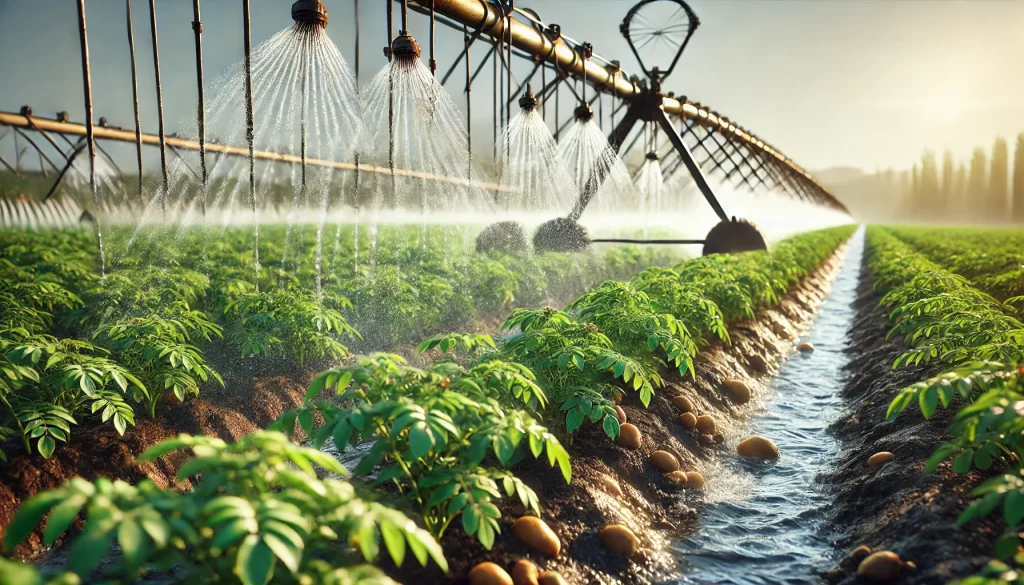 DALL·E 2024 08 16 17.06.06 A realistic image showing a sprinkler irrigation system operating in a potato field. The image captures the sprinklers spraying water over rows of hea