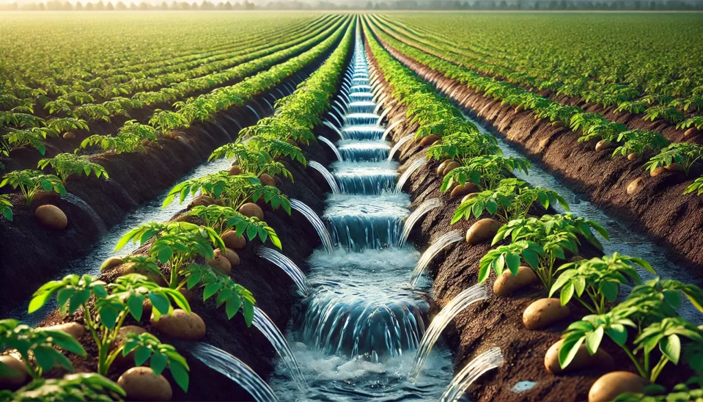 DALL·E 2024 08 16 17.06.57 A realistic image depicting a gravity irrigation system in a potato field. The image shows water flowing through small channels or furrows between row