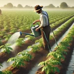 DALL·E 2024 08 16 17.08.13 A realistic image of a farmer watering potato plants in a field. The farmer is using a watering can or hose to carefully water the base of each potato