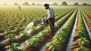 DALL·E 2024 08 16 17.08.13 A realistic image of a farmer watering potato plants in a field. The farmer is using a watering can or hose to carefully water the base of each potato