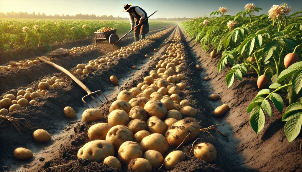 DALL·E 2024 08 16 17.12.18 A realistic image depicting the harvest of potatoes in a field. The image shows freshly harvested potatoes lying on the soil, with some still partiall