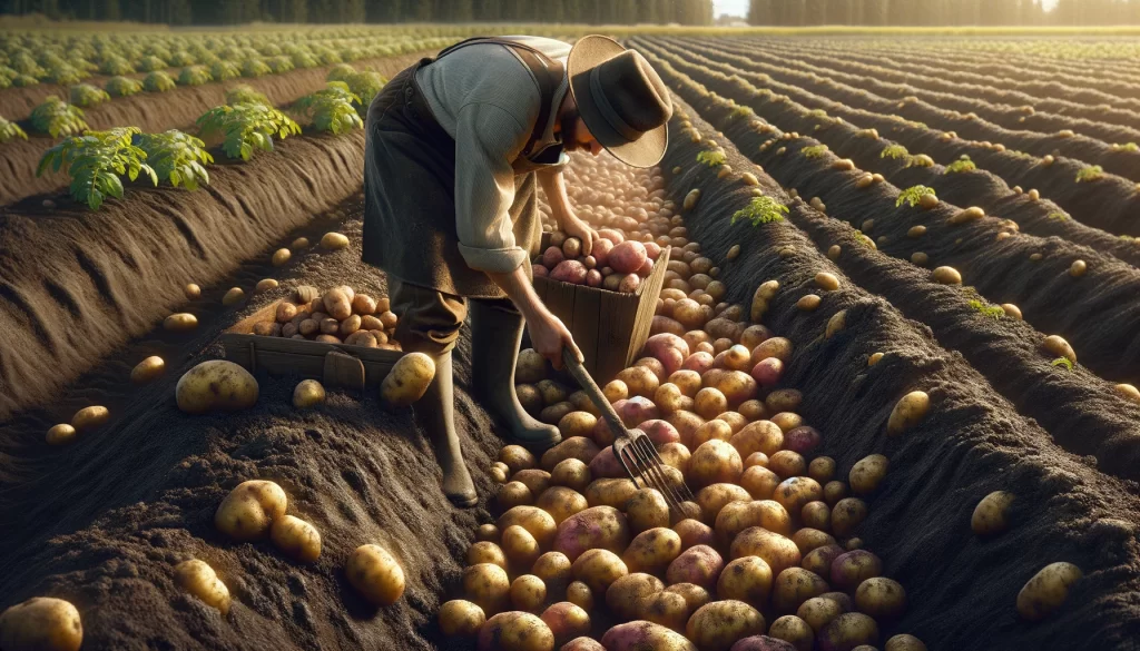 DALL·E 2024 08 16 17.13.07 A realistic image of a farmer harvesting potatoes in a field. The farmer is wearing traditional work clothes, including a hat, and is carefully diggin