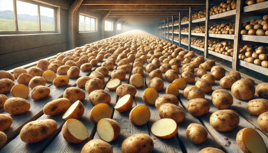 DALL·E 2024 08 16 17.14.35 A realistic image showing the curing process of freshly harvested potatoes. The potatoes are laid out in a well ventilated space, such as a barn or st