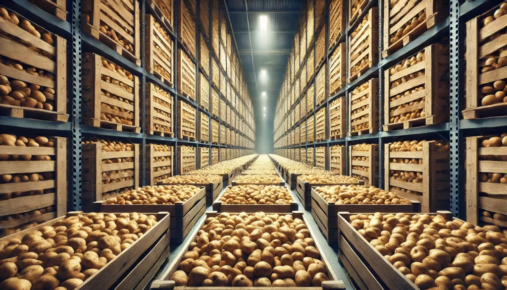 DALL·E 2024 08 16 17.17.10 A realistic image depicting the storage of potatoes in a cool, dry warehouse. The potatoes are stacked in large wooden crates or bins, organized neatl