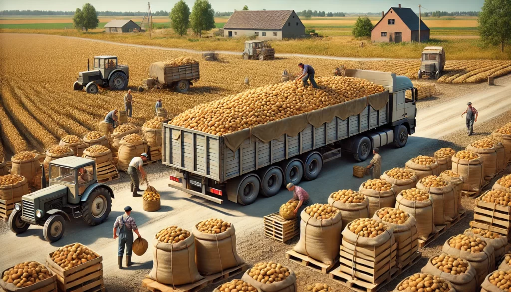 DALL·E 2024 08 16 17.18.33 A realistic image showing the transportation of potatoes. The scene depicts a truck being loaded with large sacks or crates of potatoes, ready to be t