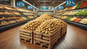 DALL·E 2024 08 16 17.21.42 A realistic image showing potatoes for sale in a supermarket. The potatoes are displayed in large bins or crates, neatly arranged and ready for custom