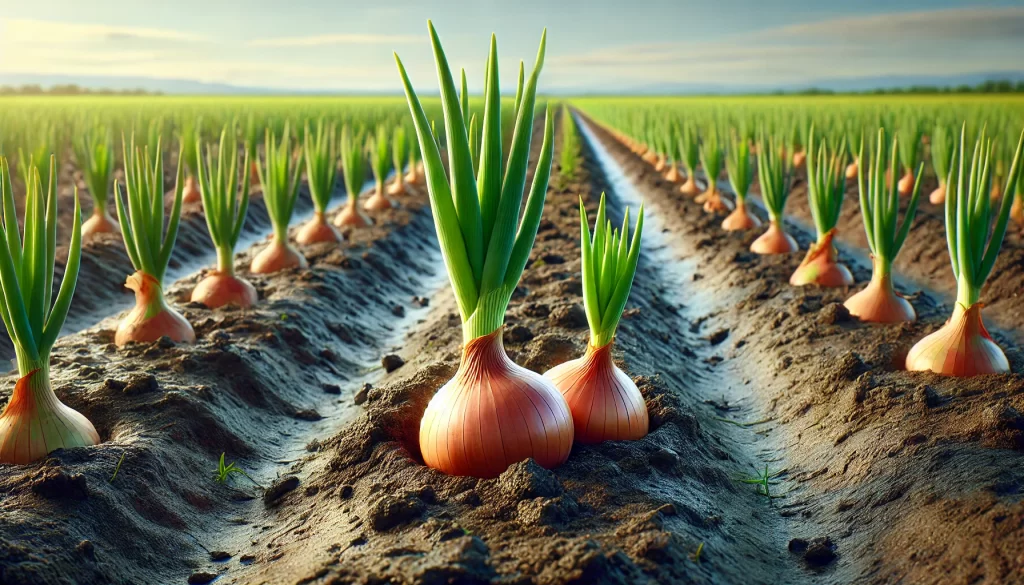 DALL·E 2024 08 16 17.43.22 A realistic image of an onion field with two onions visible above the soil. The onions are partially unearthed, showing their round bulbs, with green