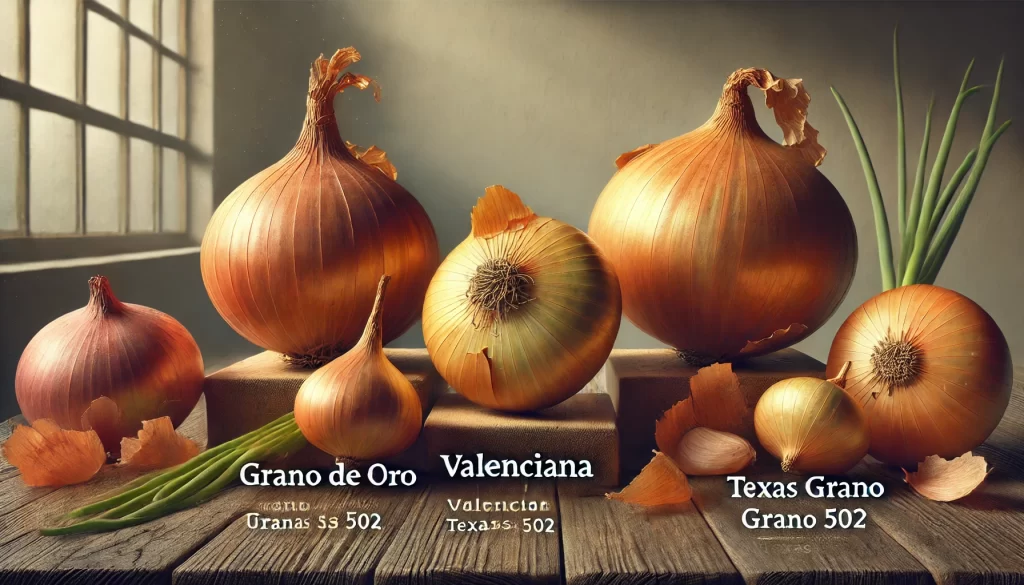 DALL·E 2024 08 16 17.44.26 A realistic image showcasing three different varieties of onions Grano de Oro, Valenciana, and Texas Grano 502. Each onion variety is displayed on a