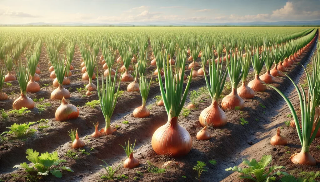 DALL·E 2024 08 16 17.48.18 A realistic image of onions growing in a field. The onions are at various stages of growth, with some bulbs partially visible above the soil and green