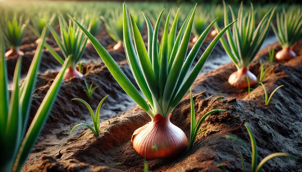 DALL·E 2024 08 16 17.49.42 A realistic close up image of an onion plant growing in a field. The plant has vibrant green leaves extending upwards, with the onion bulb partially v