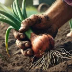 DALL·E 2024 08 16 17.50.47 A realistic close up image of a farmer's hand pulling an onion out of the soil. The hand is slightly dirty from working in the field, and the onion is