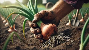 DALL·E 2024 08 16 17.50.47 A realistic close up image of a farmer's hand pulling an onion out of the soil. The hand is slightly dirty from working in the field, and the onion is