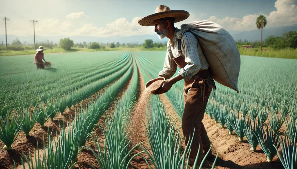 DALL·E 2024 08 19 11.43.27 A highly realistic image of a Mexican farmer in a vast onion field, focusing closely on the farmer while they apply fertilizer. The farmer is carrying