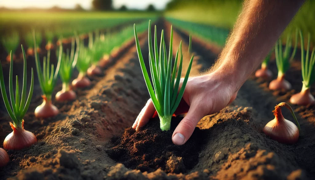 DALL·E 2024 08 19 11.44.45 A highly realistic 16 9 image focusing on a young onion plant in a field. A hand is seen applying compost around the base of the plant. The close up v