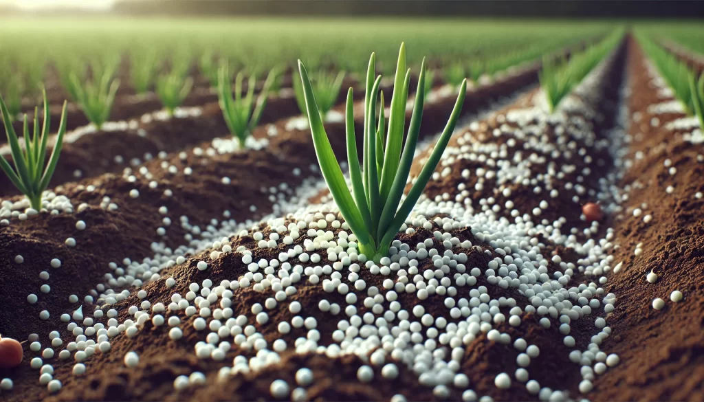 DALL·E 2024 08 19 11.45.41 A highly realistic 16 9 image focusing on a young onion plant in a field with fertilizer granules scattered around its base. The image shows the green