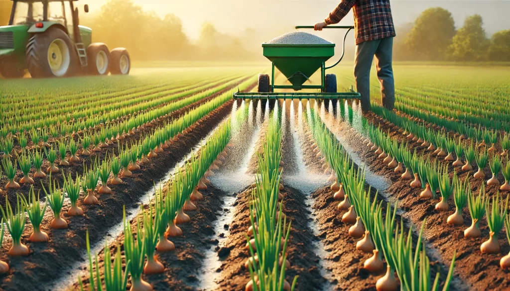 DALL·E 2024 08 19 11.46.24 A highly realistic 16 9 image illustrating base fertilization in an onion field. The scene focuses on the process of applying fertilizer to the soil b