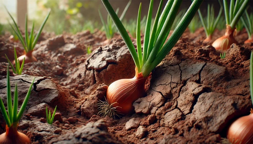 DALL·E 2024 08 19 11.48.10 A highly realistic 16 9 image focusing on a clay soil with an onion plant growing in it. The scene shows the rich, dense texture of the clay soil, wit