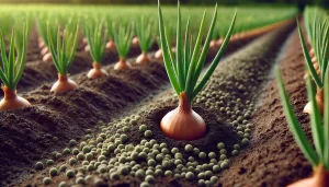 DALL·E 2024 08 19 12.12.58 A highly realistic 16 9 image of a young onion plant growing in well tended soil. The plant has slender, green leaves just beginning to emerge from th