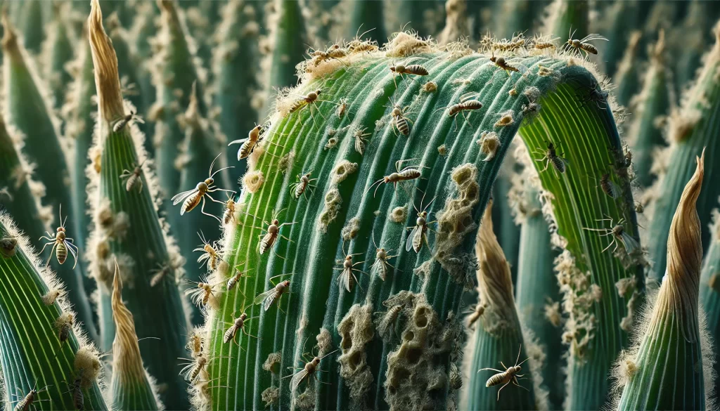 DALL·E 2024 08 19 12.14.52 A highly realistic 16 9 close up image of an onion plant affected by onion thrips (Thrips tabaci). The scene shows the tiny, slender insects on the su