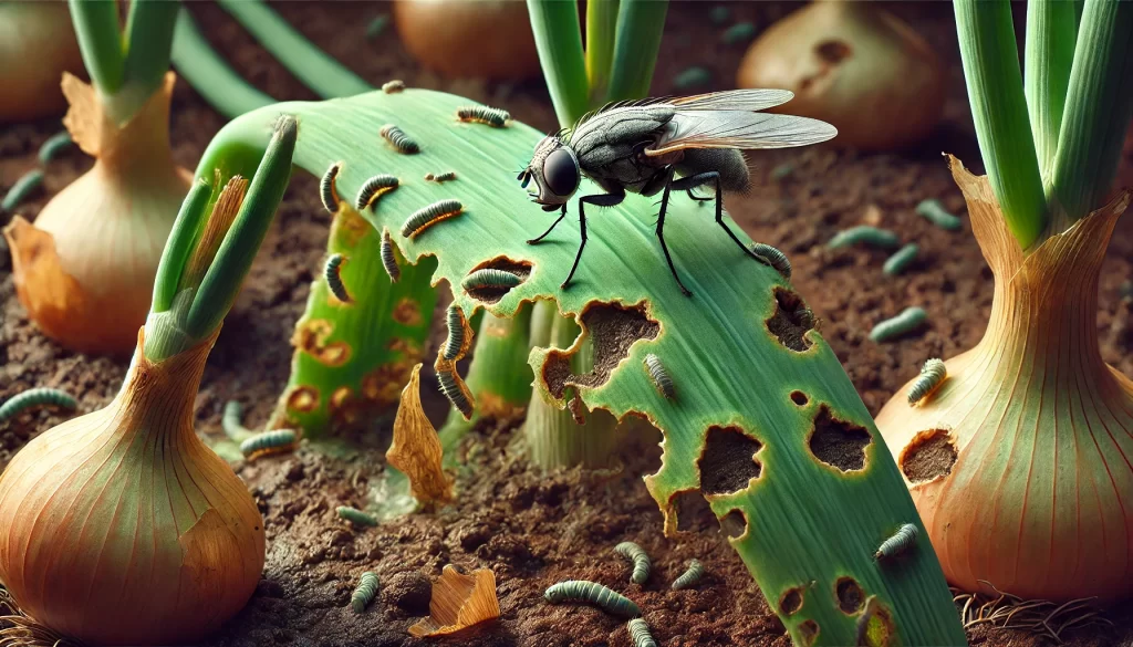 DALL·E 2024 08 19 12.15.31 A highly realistic 16 9 close up image of an onion plant affected by onion maggot (Delia antiqua). The scene shows the adult onion fly, which is small