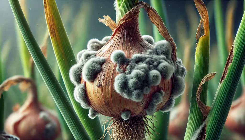 DALL·E 2024 08 19 12.17.54 A highly realistic 16 9 close up image of an onion plant affected by neck rot (Botrytis allii). The image shows the typical symptoms of the disease, i