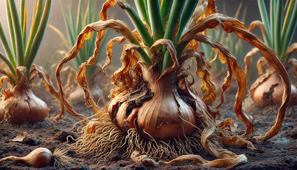 DALL·E 2024 08 19 12.18.58 A highly realistic 16 9 close up image of an onion plant affected by Fusarium wilt (Fusarium oxysporum). The image shows the typical symptoms of the d