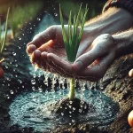 DALL·E 2024 08 19 12.22.14 A highly realistic 16 9 image depicting the hands of a farmer holding water, gently releasing droplets onto a young onion plant. The focus is on the t