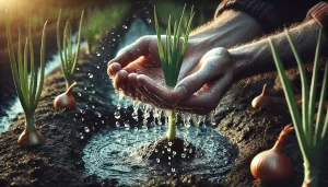 DALL·E 2024 08 19 12.22.14 A highly realistic 16 9 image depicting the hands of a farmer holding water, gently releasing droplets onto a young onion plant. The focus is on the t