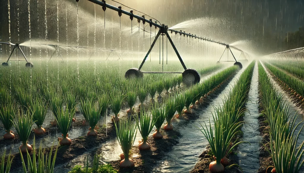 DALL·E 2024 08 19 12.24.39 A highly realistic 16 9 image depicting sprinkler irrigation in an onion field. The scene shows water being sprayed from a sprinkler system over rows