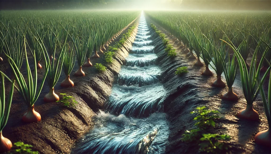 DALL·E 2024 08 19 12.25.26 A highly realistic 16 9 image depicting flood or furrow irrigation (gravity irrigation) in an onion field. The scene shows water flowing through shall