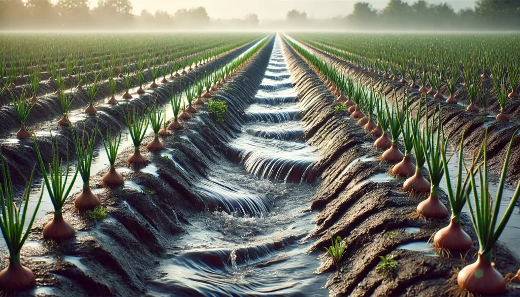 DALL·E 2024 08 19 12.27.28 A highly realistic 16 9 image depicting flood or furrow irrigation (gravity irrigation) in an onion field with fewer plants. The scene shows water flo