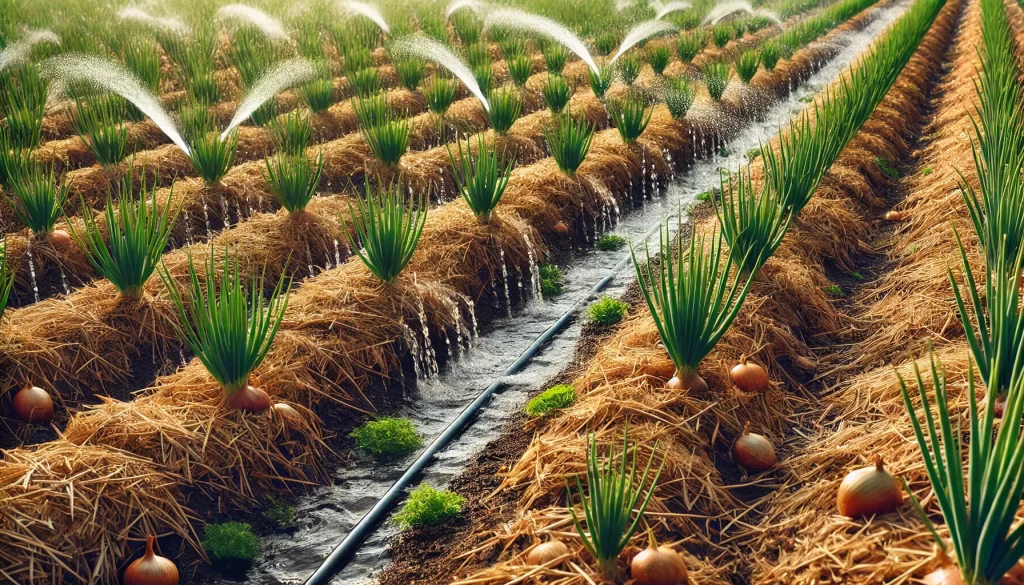 DALL·E 2024 08 19 12.28.35 A highly realistic 16 9 image depicting mulching in an onion field with irrigation. The scene shows rows of onion plants with a layer of organic mulch