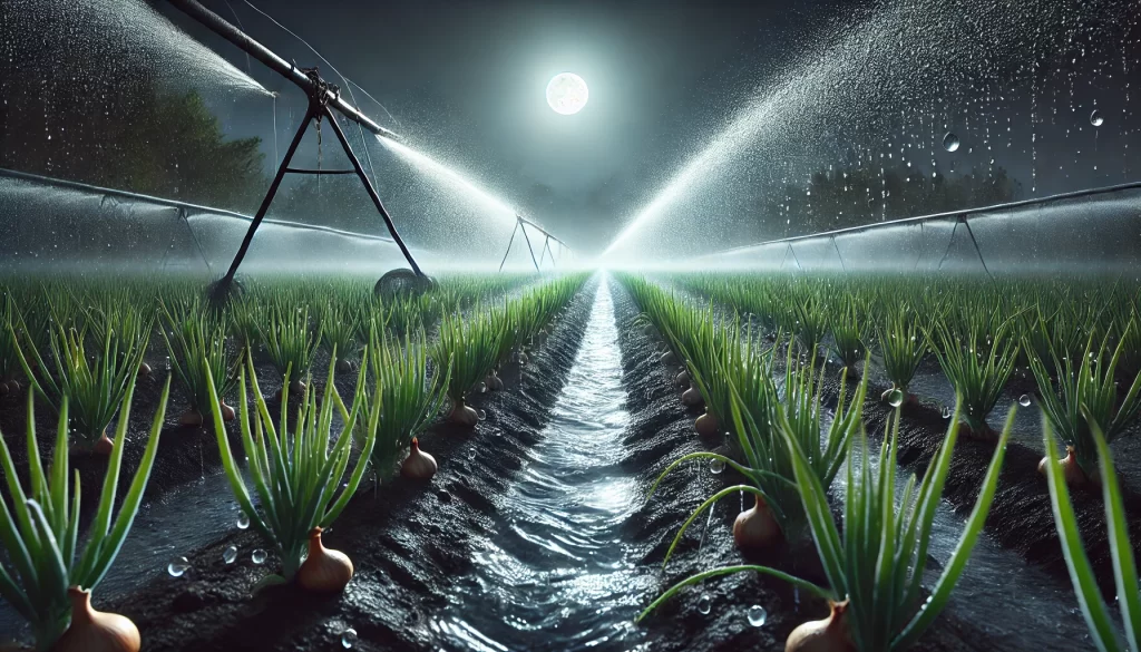 DALL·E 2024 08 19 12.29.32 A highly realistic 16 9 image depicting nighttime irrigation in an onion field. The scene is set under the dark sky with the moonlight softly illumina