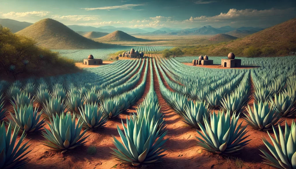 DALL·E 2024 08 20 11.06.12 A highly realistic image of a vast agave field in Mexico specifically for tequila production. The agave plants, with their thick, spiky blue green lea