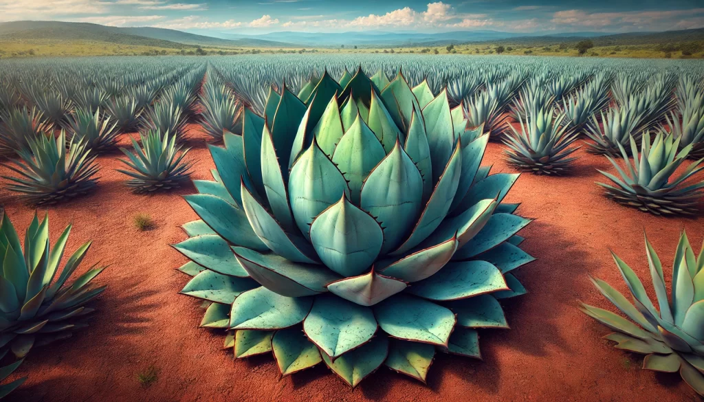 DALL·E 2024 08 20 11.09.56 A highly realistic close up image of a single Agave tequilana Weber var. azul plant in a vast agave field. The plant is mature, with its iconic thick,