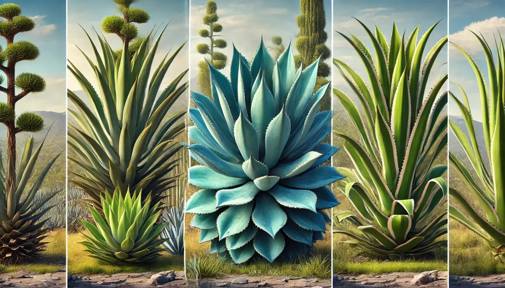 DALL·E 2024 08 20 11.12.21 A highly realistic comparative image showcasing three different agave plants side by side Agave tequilana Weber var. azul, Agave angustifolia, and Ag