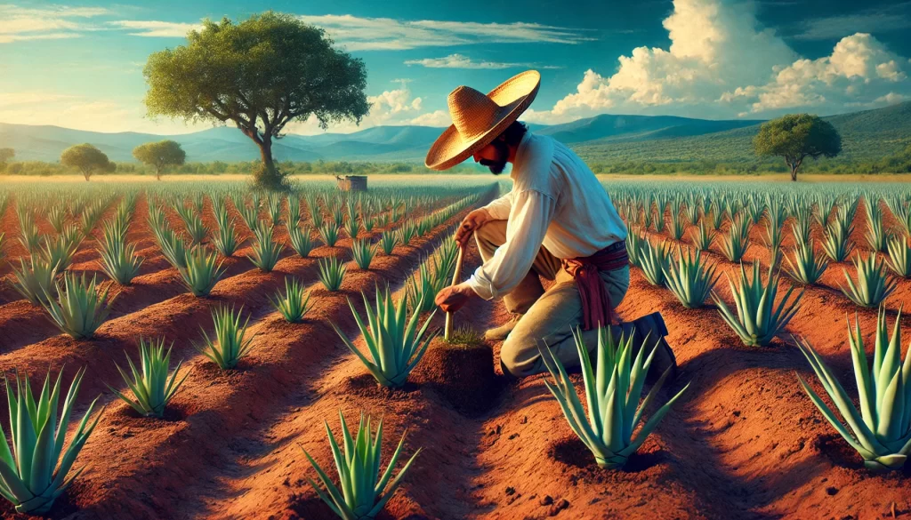 DALL·E 2024 08 20 11.13.18 A highly realistic image of a Mexican farmer planting agave in a field. The farmer is wearing traditional clothing, including a wide brimmed hat, a lo